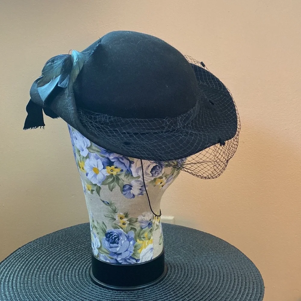 VTG Black Wool Victorian Hat Birdcage Dot Veil Bow - Picture 7 of 14